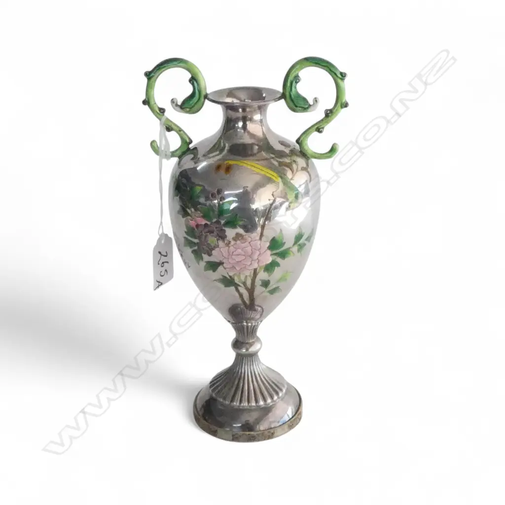 SILVER & ENAMEL TROPHY VASE H.245mm 325gms + WOODEN BOX Image 1++