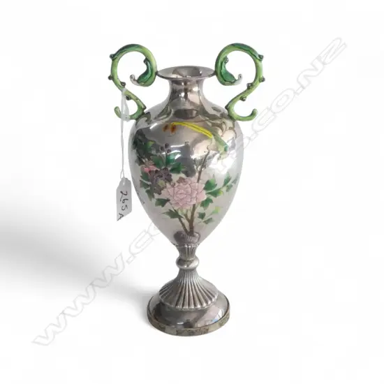 SILVER & ENAMEL TROPHY VASE H.245mm 325gms + WOODEN BOX