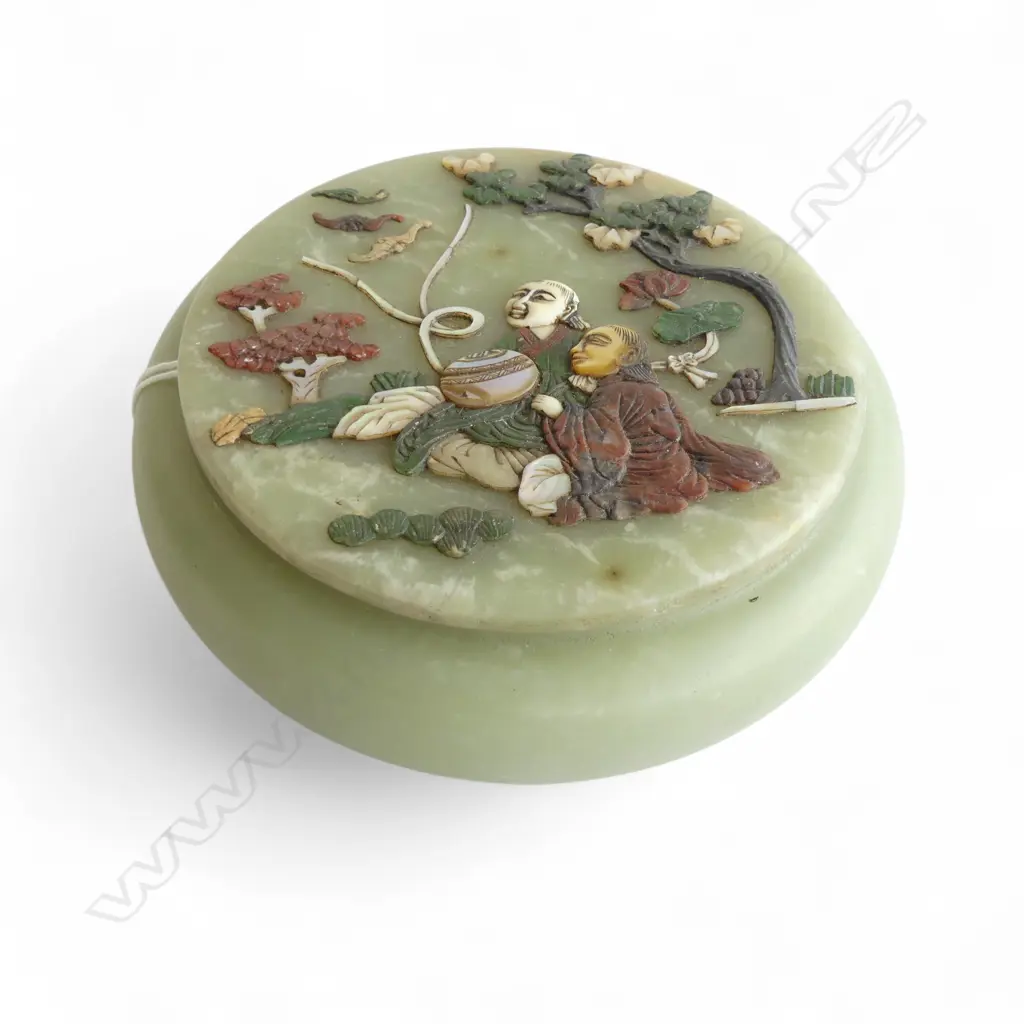 CHINESE JADE & MULTI STONE INLAID FIGURAL CIRCULAR LIDDED BOX DIA110MM Image 1++