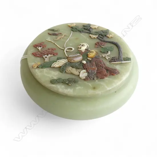 CHINESE JADE & MULTI STONE INLAID FIGURAL CIRCULAR LIDDED BOX DIA110MM
