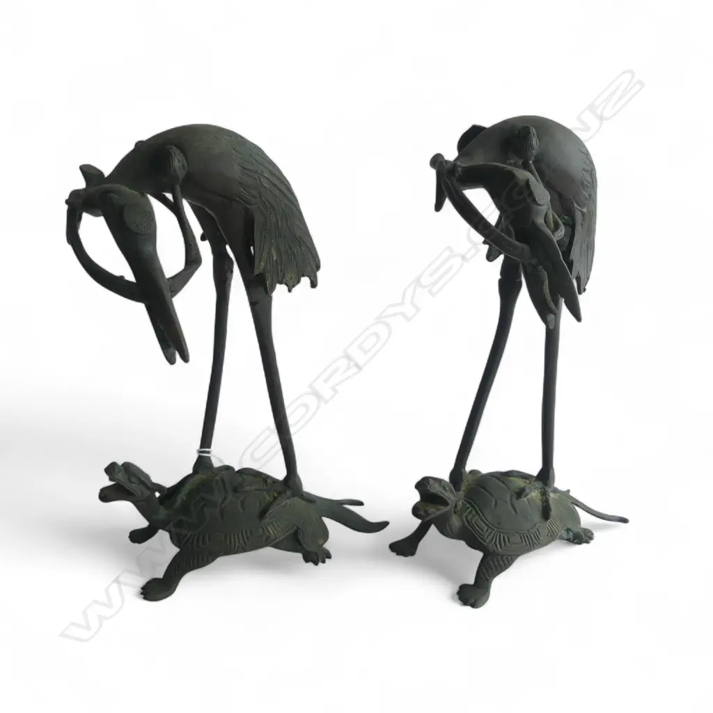 PR OF ORIENTAL BRONZE CRANES ON TURTLES BACKS H230MM Image 1++