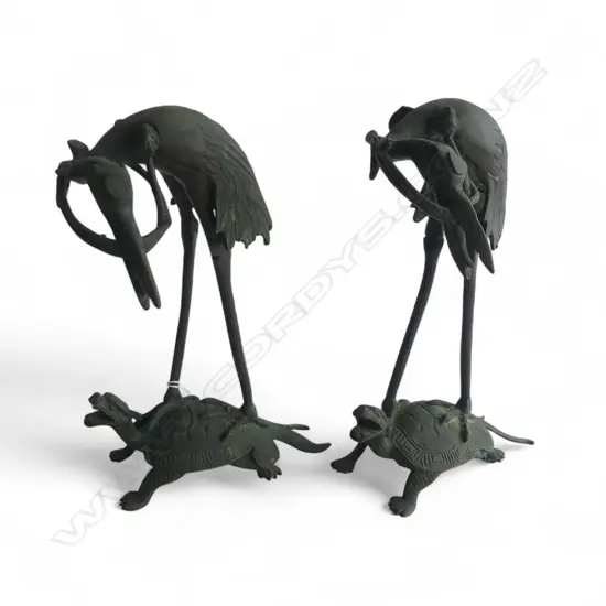 PR OF ORIENTAL BRONZE CRANES ON TURTLES BACKS H230MM