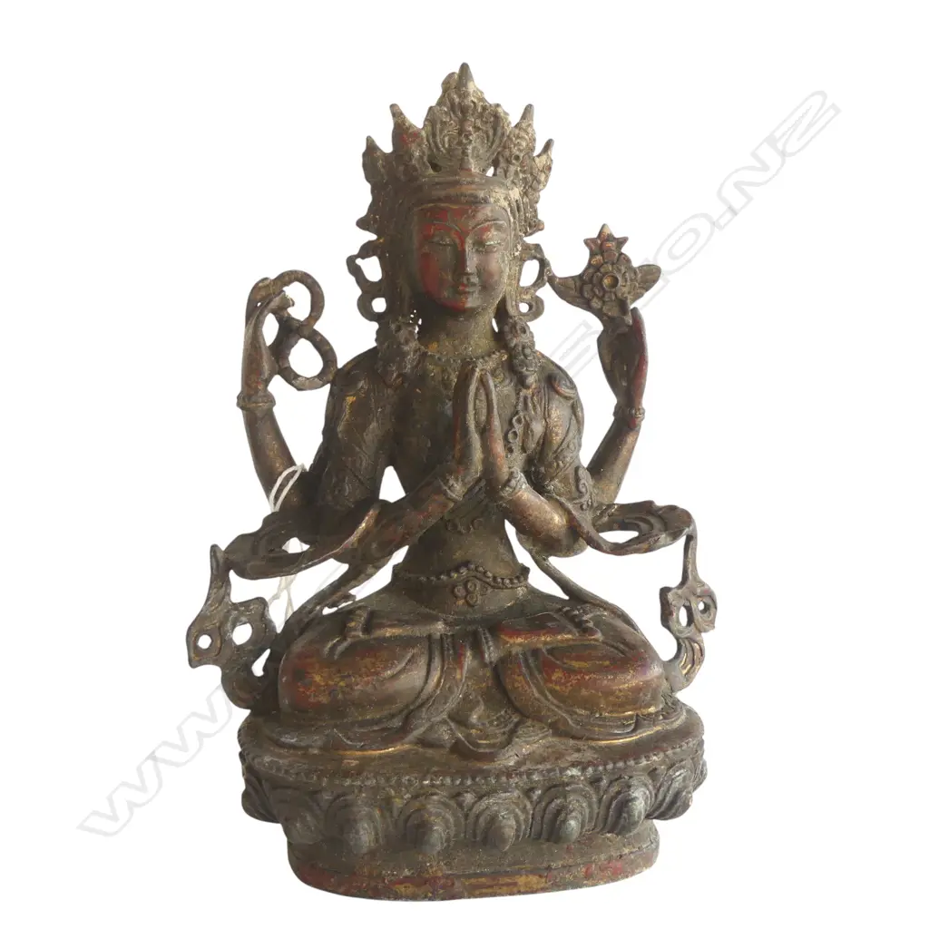 ORIENTAL METAL PRAYING FIGURINE w. 4 ARMS H.180mm Image 1++
