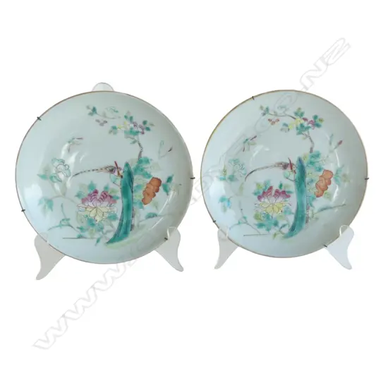 TWO OLD CHINESE PORCELAIN WALL PLATES, HANDPAINTED ENAMEL DETAIL BIRDS AMONGST FOLIAGE, BOTH Dia.165mm