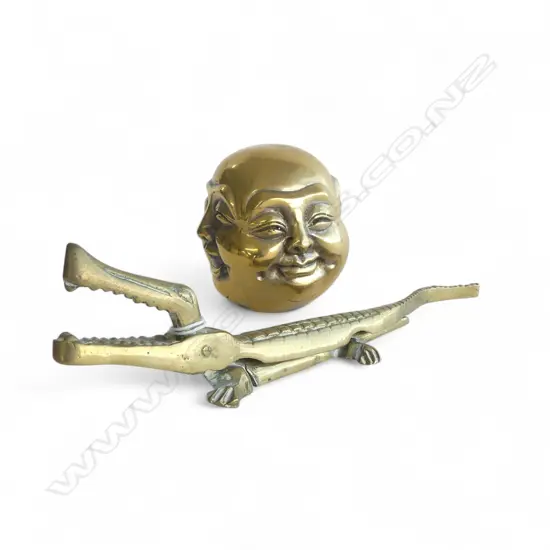BRASS FIG of THE FOUR FACES of BUDDHA, H.75mm, impressed characters to base & VINTAGE BRASS CROC. NUT CRACKER, L.210mm
