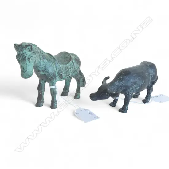 TWO BRONZE ORIENTAL STYLE FIGS; HORSE, H.100 x 100mm & OXEN, H.60 x 120mm