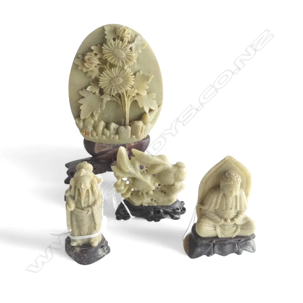 4 CHINESE VINTAGE SOAPSTONE CARVINGS H190MM TALLEST Image 1++