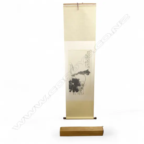 WU CHANGSHUO, WATER CHESTNUT AND LOTUS, SCROLL IN WOODEN CASE