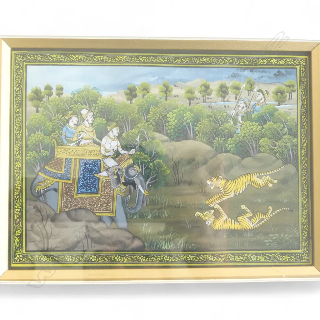 IVORY HANDPAINTED IMAGES OF MAHARISHA & WIFE , BOTH, 150 x 100mm + INDIAN HANDPAINTED SILK, SCENE WITH TIGER, 120  x 170 Image 1++