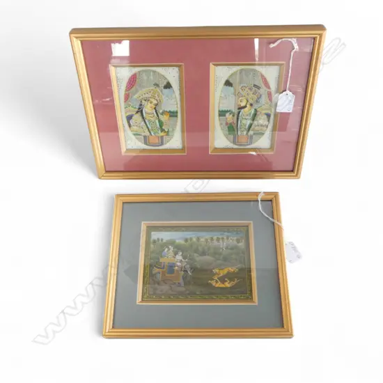 IVORY HANDPAINTED IMAGES OF MAHARISHA & WIFE , BOTH, 150 x 100mm + INDIAN HANDPAINTED SILK, SCENE WITH TIGER, 120  x 170