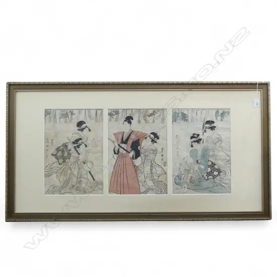 FRAMED UTIGAWA TOYOKUNI UKIYO-E TRIPTYCH 350x240mm each print faded & foxed condition, no glass