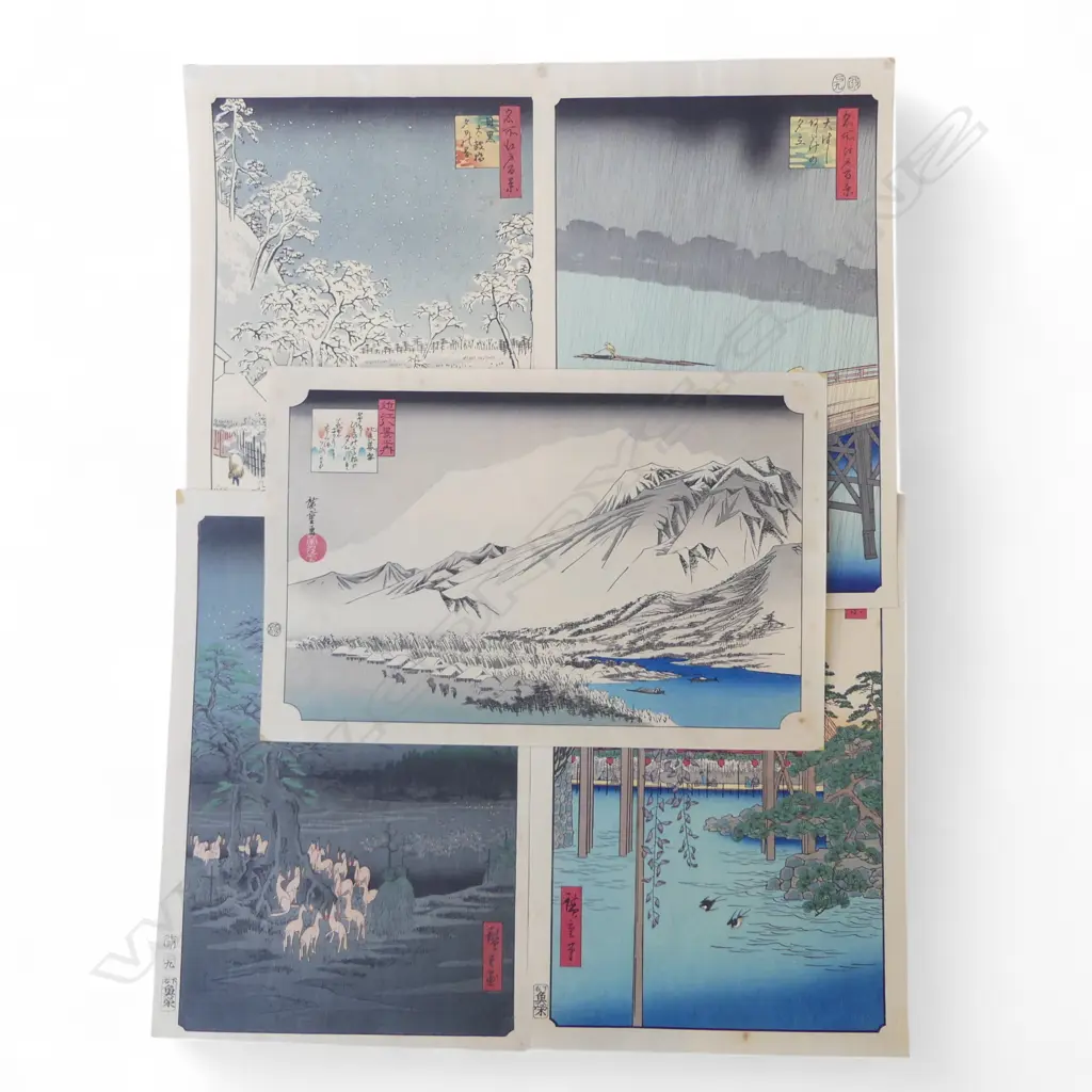 5 UNFRAMED EARLY 20thC HIROSHIGE UKIYO-E WOODBLOCK PRINTS 370x250mm... Image 1++