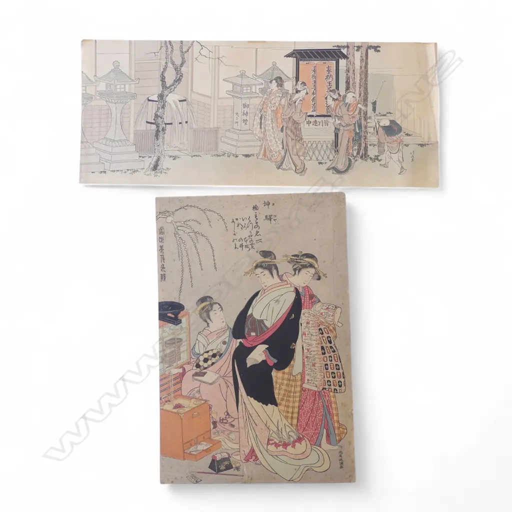 2 UNFRAMED UKIYO-E PRINTS; HASUI KAWASE 'THREE GEISHA' 390x260 & KATSUSHIKA HOKUSAI 'THE INARI SHRINE' 200x495mm faults Image 1++