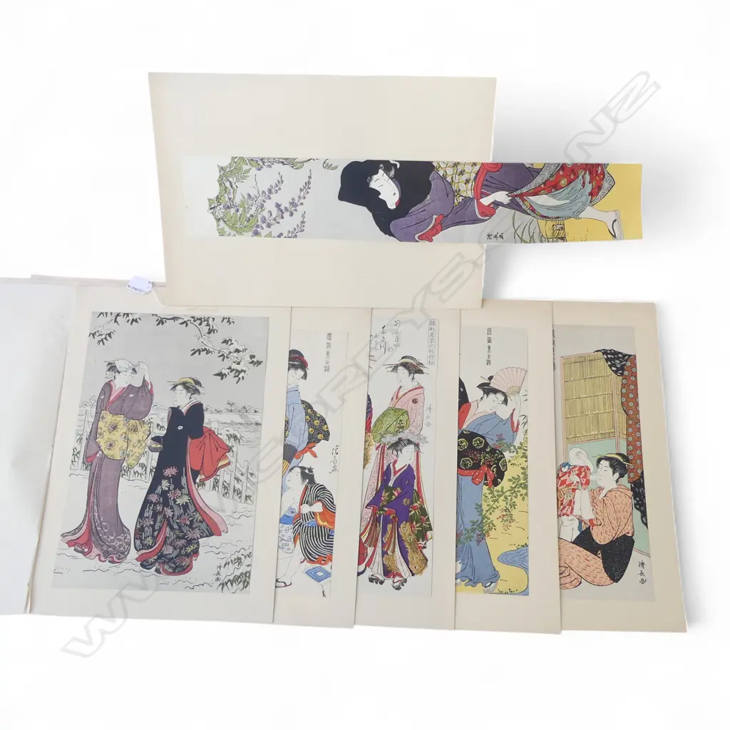 6 UNFRAMED REPRODUCTION UKIYO-E PRINTS INCLUDING KIYONAGA'S 'WINDY DAY' PILLAR PRINT 685x115mm Image 1++