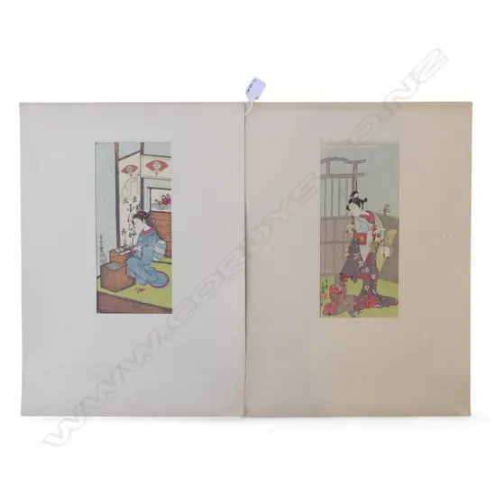 2 EARLY 20thC UKIYO-E PRINTS by KABUKI SHAMISEN OF KABUKI ACTORS 285x130mm mounted on card, foxing