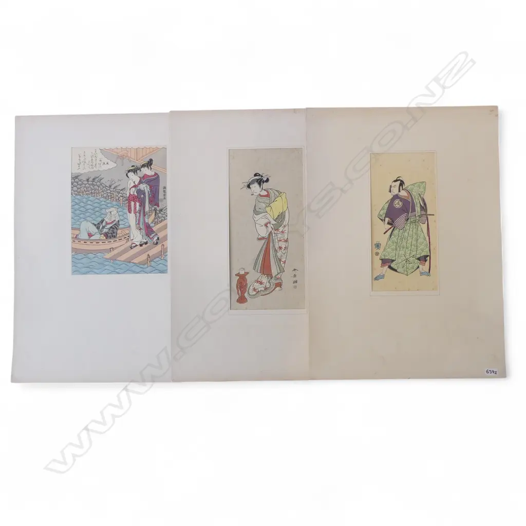 3 UNFRAMED EARLY 20thC UKIYO-E WOODBLOCK PRINTS; 2 KATSUKAWA ACTORS 'ICHIKAWA V' & 'MATSUMOTO KOSHIRO II' & KORYUSAI... Image 1++