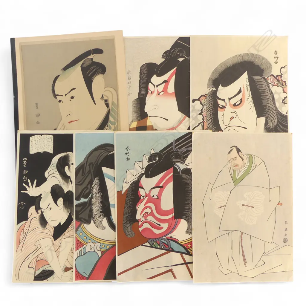 7 UNFRAMED 20thC UKIYO-E KUBUKI RESTRIKES Incl. UTAGWA TOYOKUNI 385x260mm foxing to some, unframed Image 1++