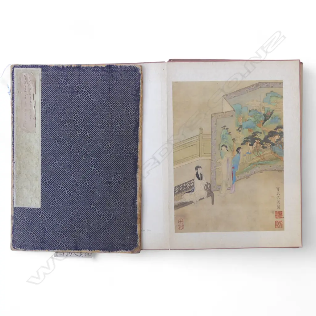 10 OLD CHINESE PAINTINGS ON SILK IN PAPER ALBUM, READING KANGXI/QING DYNASTY, DOUBLE GOURD MARK POSSIBLY BY QIU YING?... Image 1++