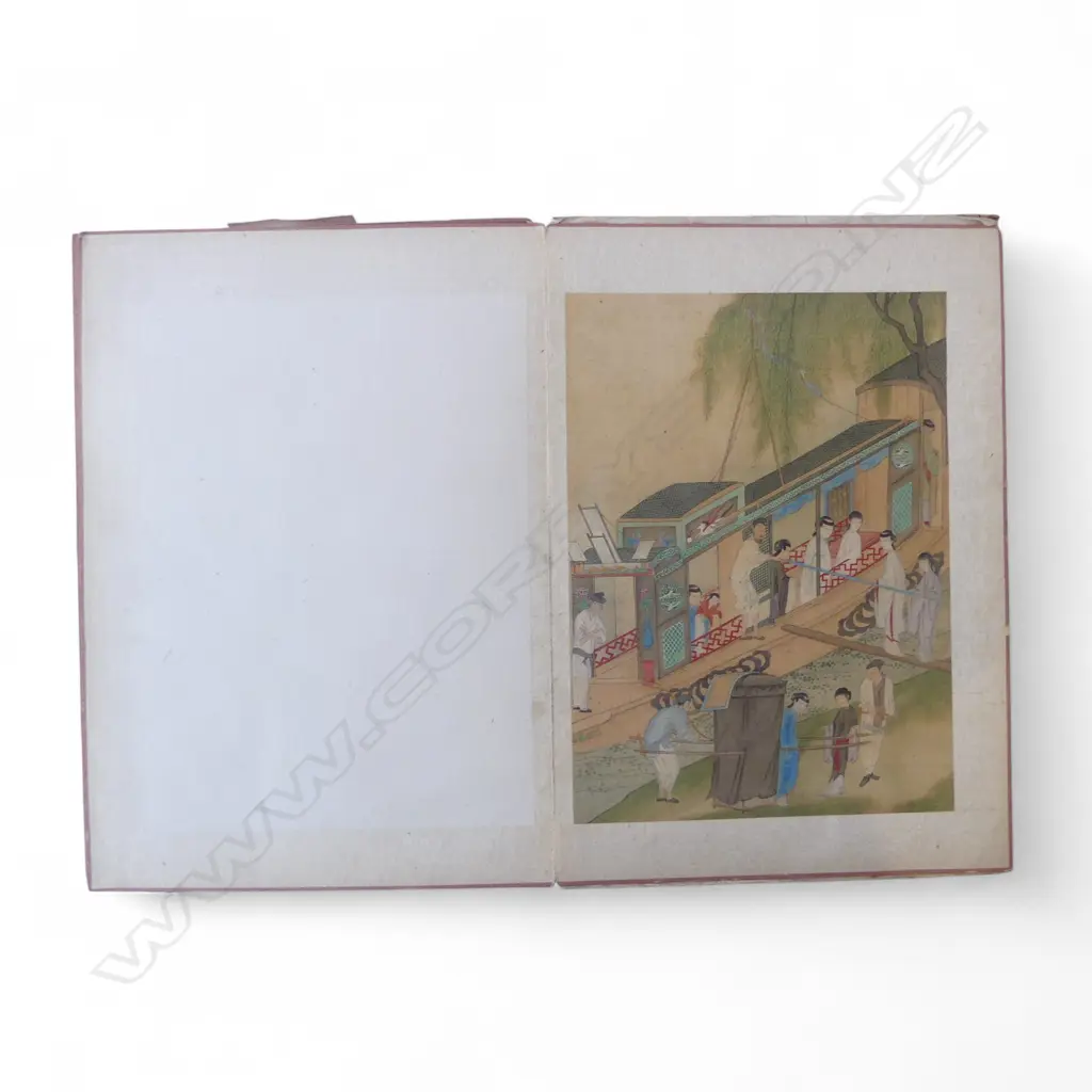 10 OLD CHINESE PAINTINGS ON SILK IN PAPER ALBUM, READING KANGXI/QING DYNASTY, DOUBLE GOURD MARK POSSIBLY BY QIU YING?... Image 1++