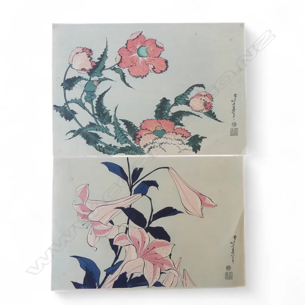2 UNFRAMED UKIYO-E BOTANICAL WOODBLOCK HOKUSAI RESTRIKES 255x375mm some foxing Image 1++