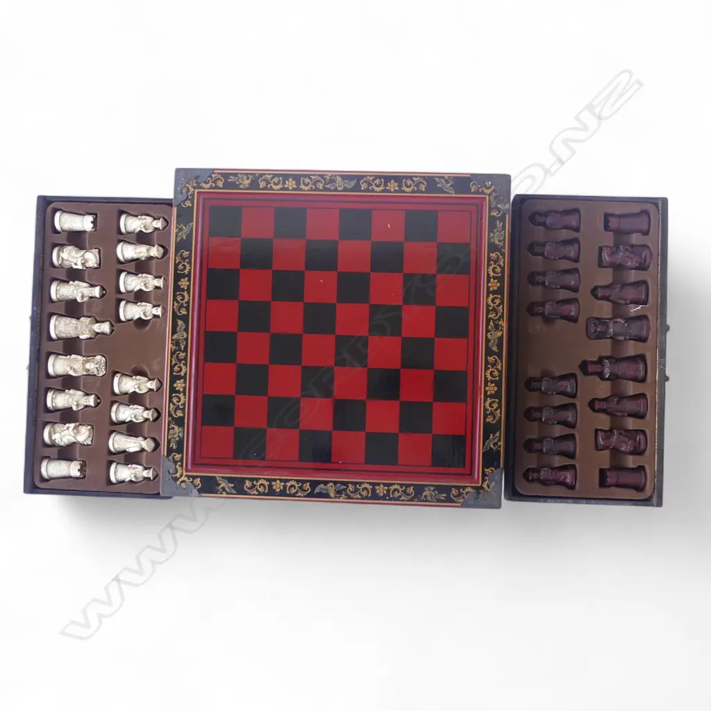CHINESE CHESS SET, LACQUER BOX, 2 DRAWERS EACH WITH COMPLETE RESIN SET, BOARD SIZE 415x420x85mm Image 1++