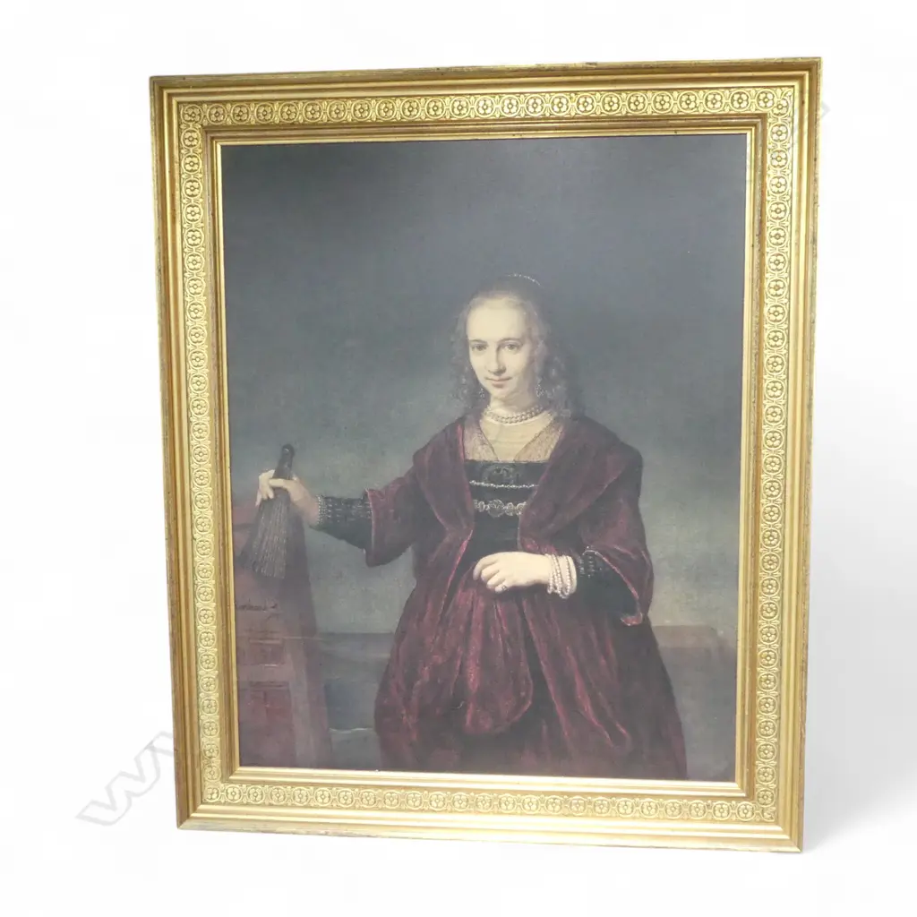 REMBRANDT VAN RIJN, FRAMED PRINT 'THE ADMIRALS WIFE' HOUSED IN DECORATIVE GOLD FRAME 925 X 740 MM Image 1++
