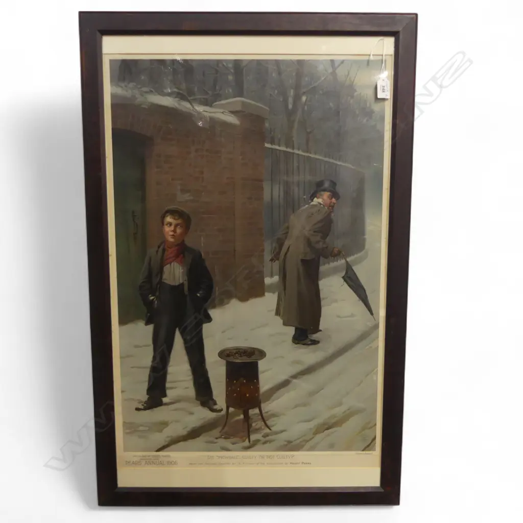VINTAGE PEAR'S PRINT chromolithograph 'The Snow Ball Guilty or Not Guilty' 750 x 490mm in oak frame Image 1++