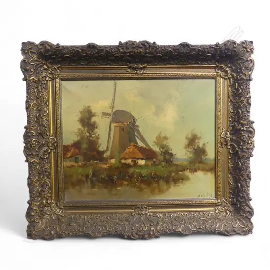 D WOOTERS 20TH CENTURY HOUSE AND WINDMILL OIL ON CANVAS SIGNED 385 X 485 MM