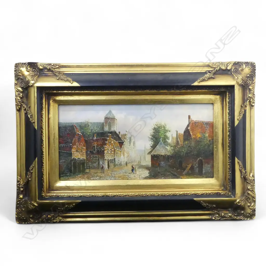 ARTIST UNKNOWN 20TH CENTURY DUTCH STREET SCENE OIL ON BOARD IN ANTIQUE STYLE FRAME 190 X 390 MM Image 1++