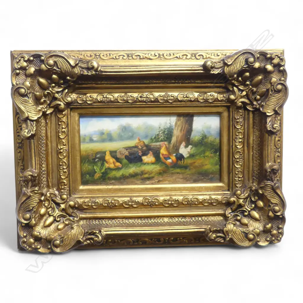 SIGNED INDISTINCTLY CHICKENS ACRYLIC ON BOARD HOUSED IN ELABORATE GOLD FRAME 190 X 390 MM Image 1++