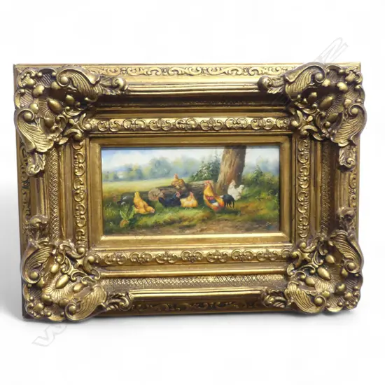 SIGNED INDISTINCTLY CHICKENS ACRYLIC ON BOARD HOUSED IN ELABORATE GOLD FRAME 190 X 390 MM