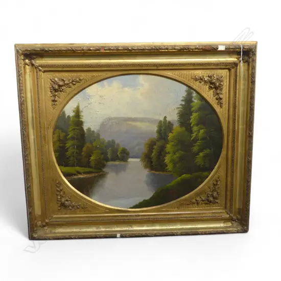 J ADAM RIVER LANDSCAPE OIL ON CANVAS IN GILT FRAME 550 X 660MM (EXTENSIVE CRACKING AND PAINT LOSS)