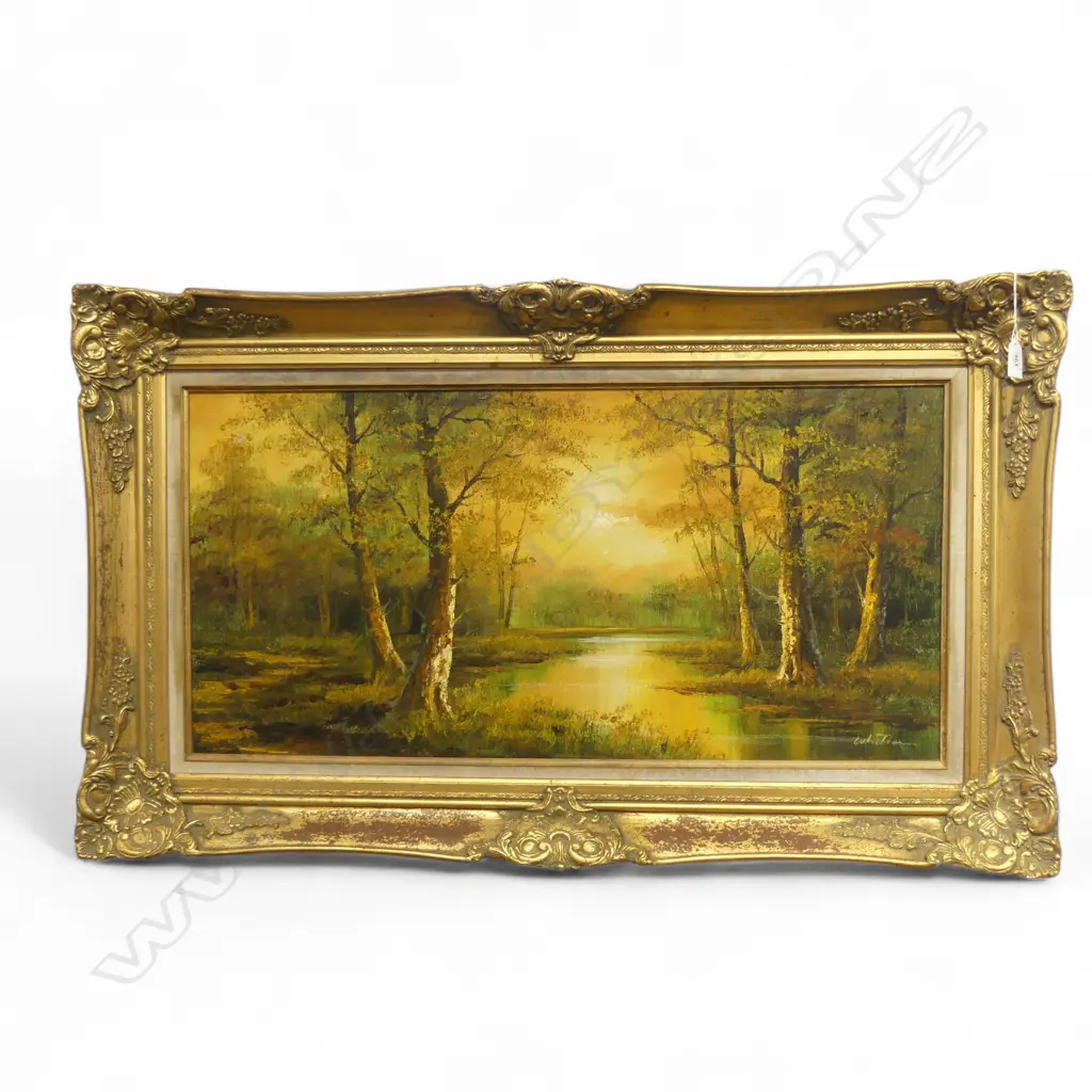SIGNED WHITLAM RIVER LANDSCAPE OIL ON CANVAS IN DECORATIVE GOLD FRAME 555 X 955 MM (SMALL PAINT LOSS TOP LEFT) Image 1++