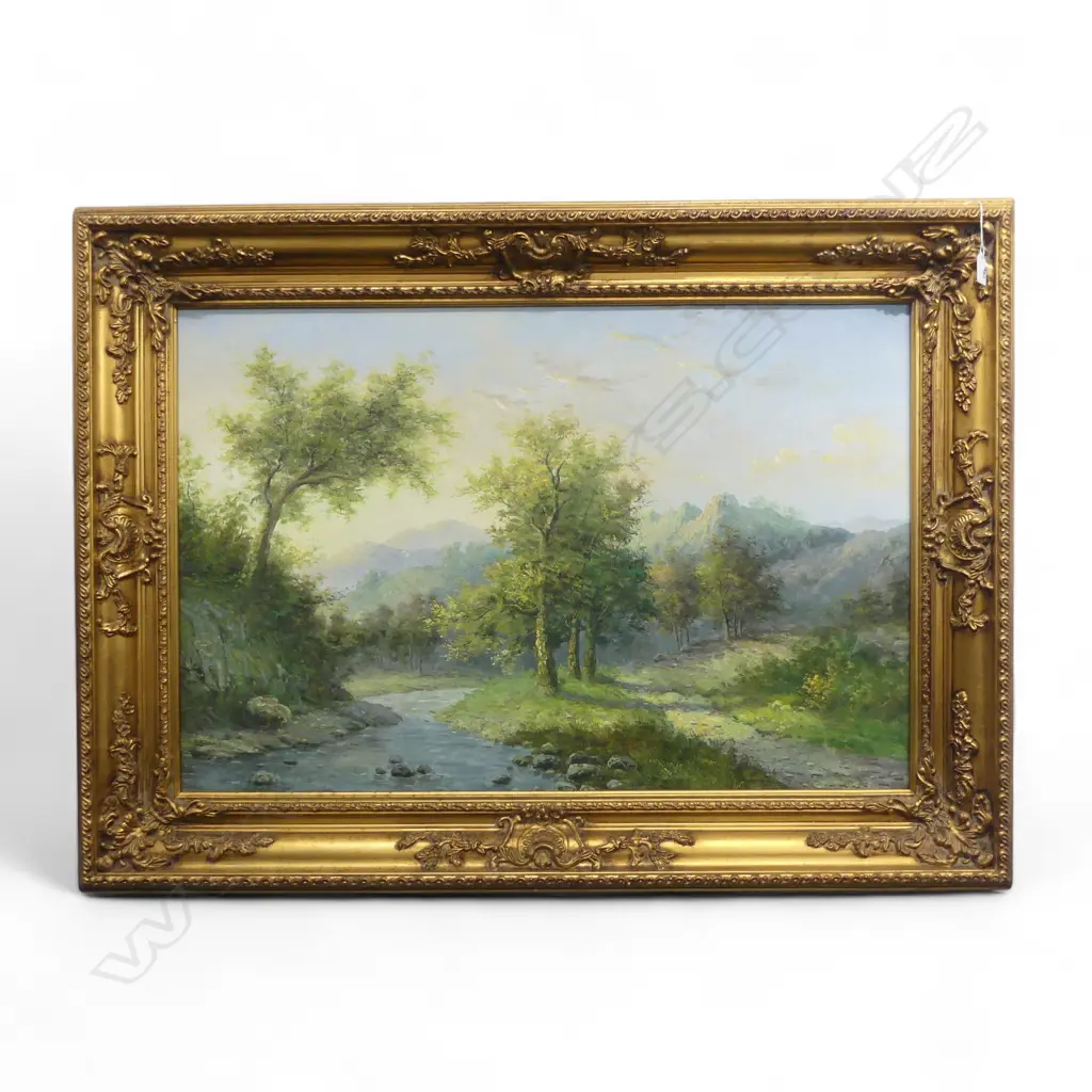 ARTIST UNKNOWN RIVER LANDSCAPE WITH MOUNTAINS OIL ON CANVAS IN DECORATIVE GOLD FRAME 590 X 890MM Image 1++