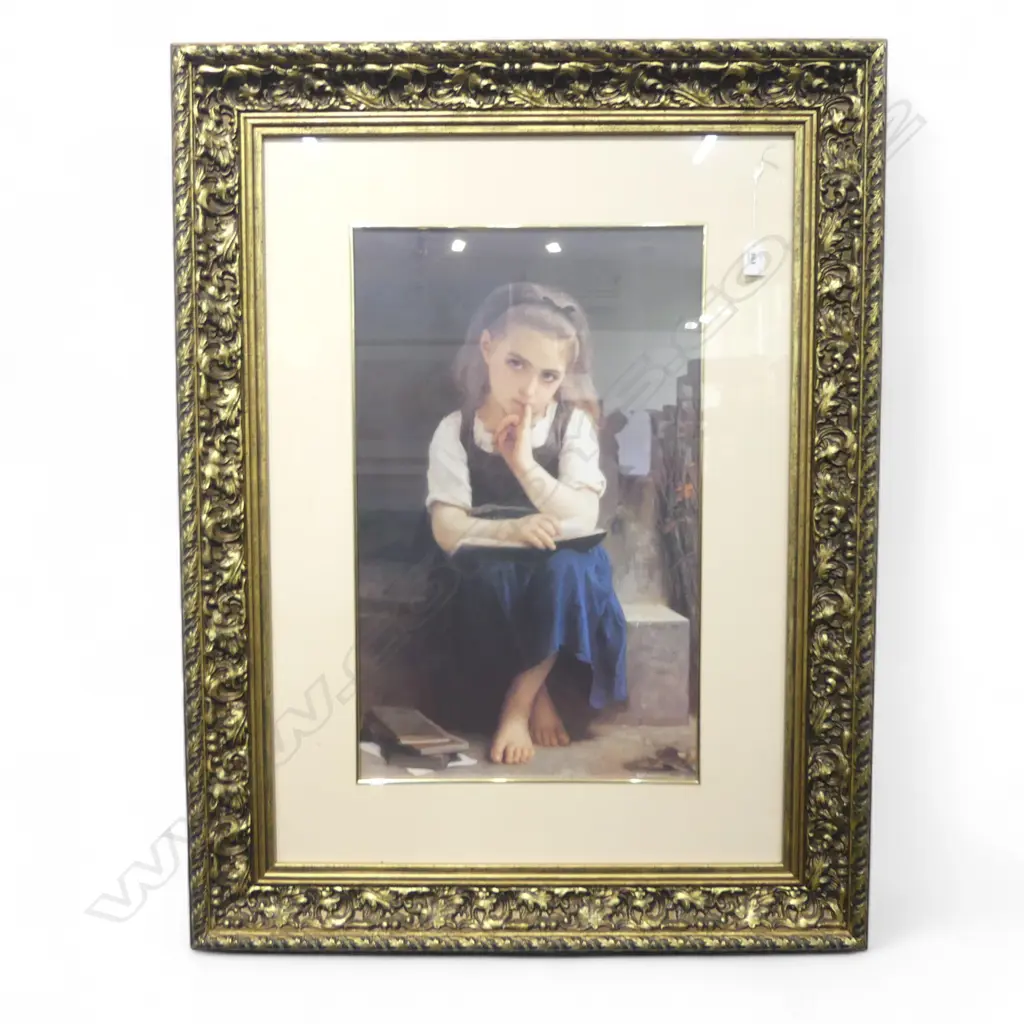 WILLIAM-ADOLPHE BOUGEUREAU PAUSE FOR THOUGHT COLOUR PRINT IN DECORATIVE FRAME 600 X 370MM Image 1++