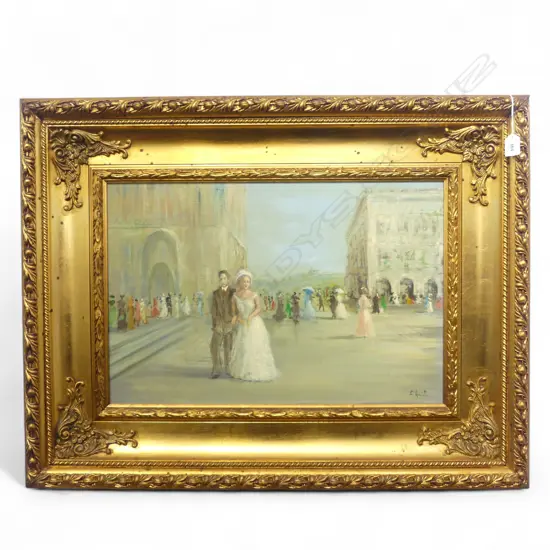 EDUARDO AMATO 'PASSEGIATA' OIL ON BOARD IN DECORATIVE GOLD FRAME SIGNED AND DATED 390 X 585MM