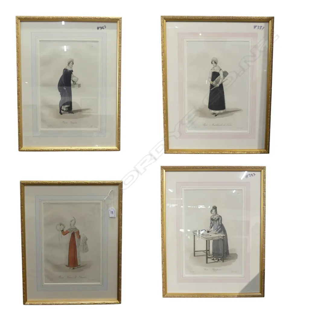 SET OF 4 FRENCH 19thC FASHION PRINTS aqua tint. In quality gilt frames 'Paris Femme de Chambre' etc 470 x 370mm Image 1++
