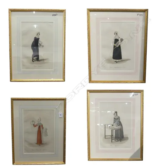 SET OF 4 FRENCH 19thC FASHION PRINTS aqua tint. In quality gilt frames 'Paris Femme de Chambre' etc 470 x 370mm
