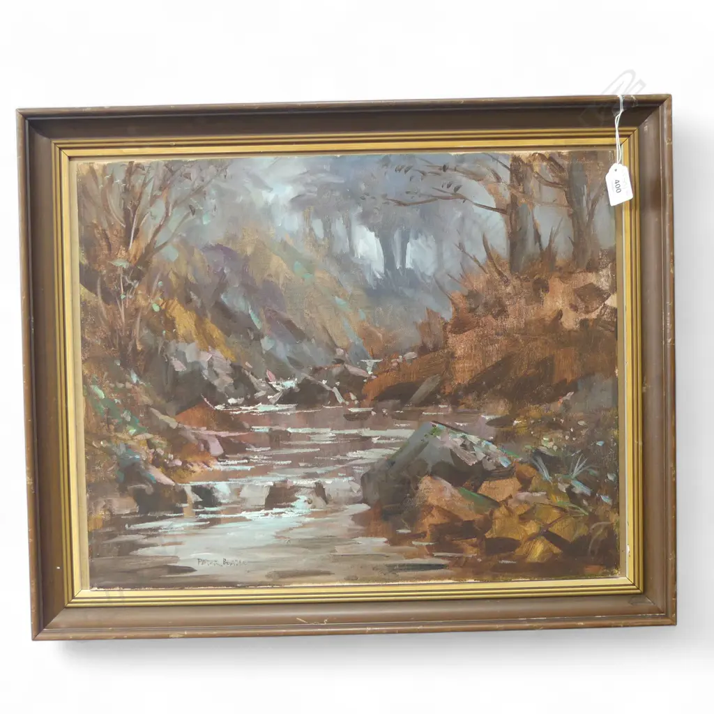 PETER BEADLE OIL ON BOARD RIVER ROCKS SIGNED. H420 L500MM Image 1++