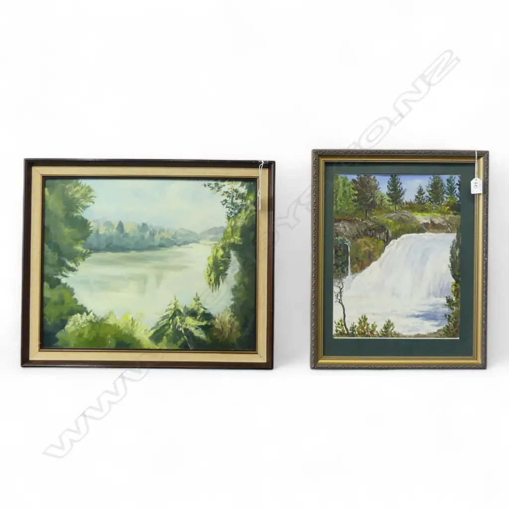 2 SIGNED OILS ON BOARD HUKA FALLS H380 L300MM & MANAWATU BY WENDY GRVAR H390 L500MM Image 1++