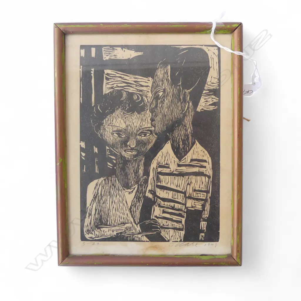 JOAN CLARK STH AFRICAN WOODCUT PRINT, Ed. 3/20, SIGNED & DATED 1949, 150x200mm Image 1++