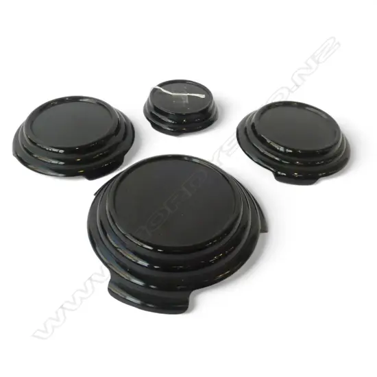 4 DECO BLACK GLASS VASE STANDS - ENGLAND 100-170mm dia