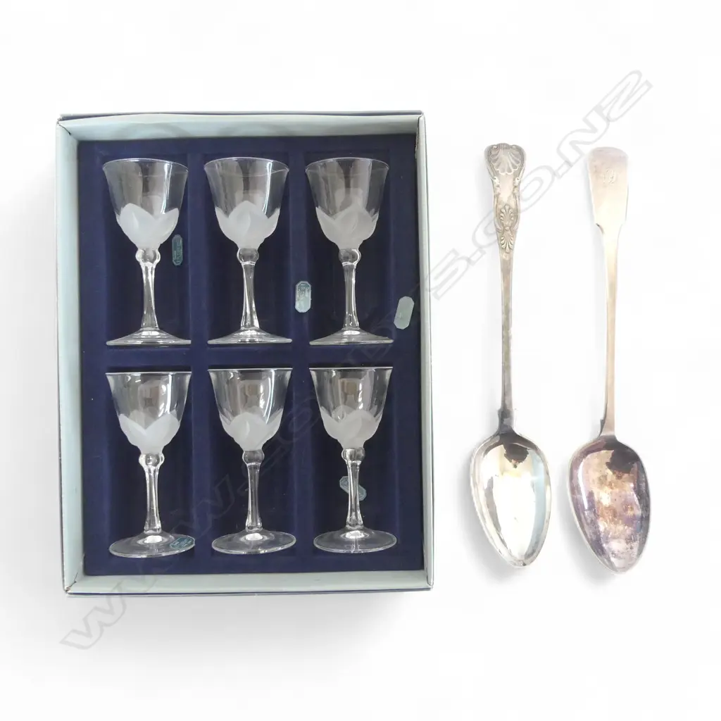 FRENCH 'BBQ CERAMIC' TRAY W.420mm, SKEWERS, 2 EP PIE SPOONS, 6 G. DURAND SHERRY GLASSES H.120mm, BOXED Image 1++