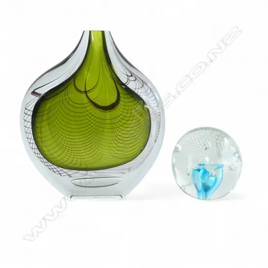 SIGNED & DATED GLASS VASE 2015 H.200mm (SMALL CHIP) + GLASS PAPERWEIGHT