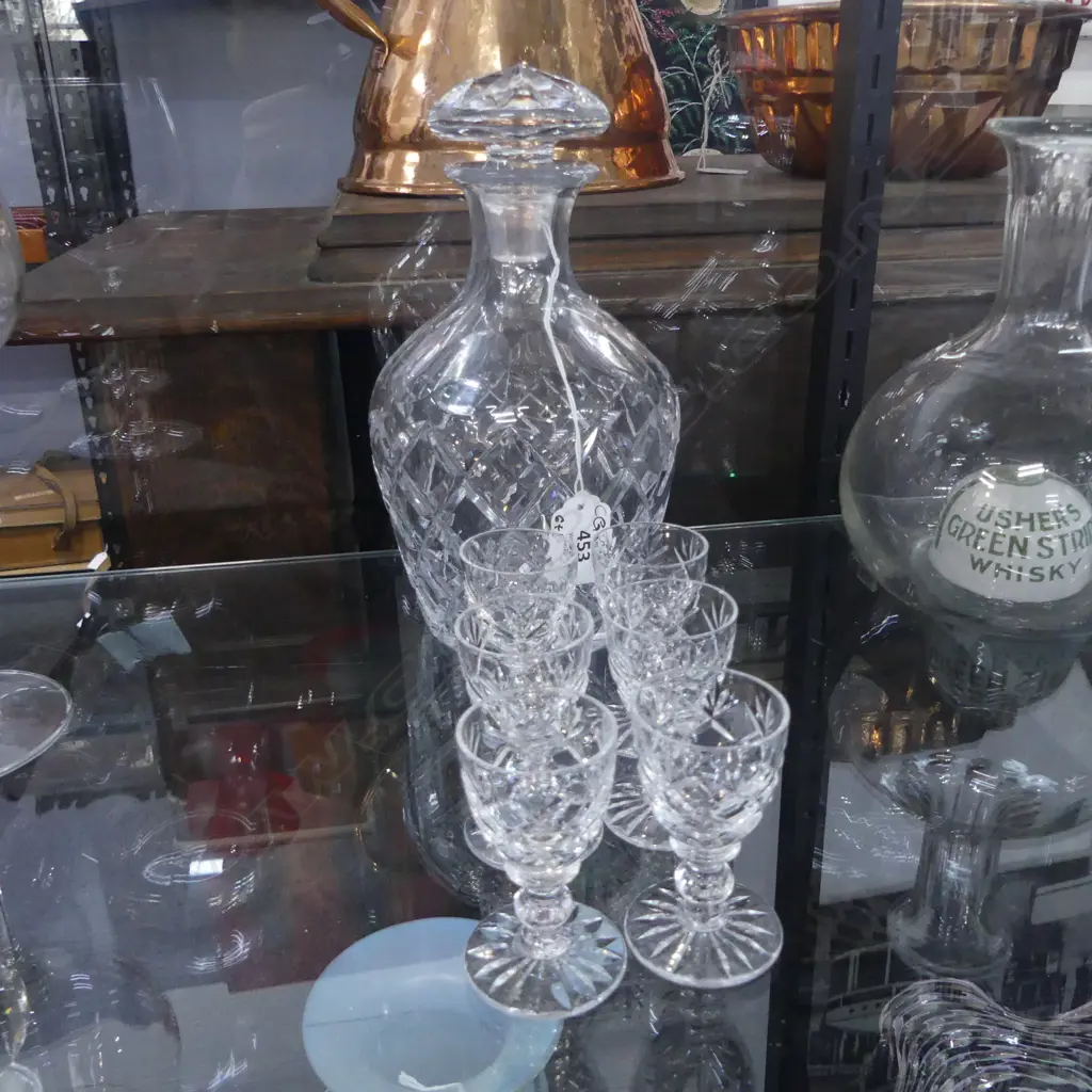 CUT CRYSTAL DECANTER H.230mm + 6 WEBB & CORBETT GLASSES Image 1++