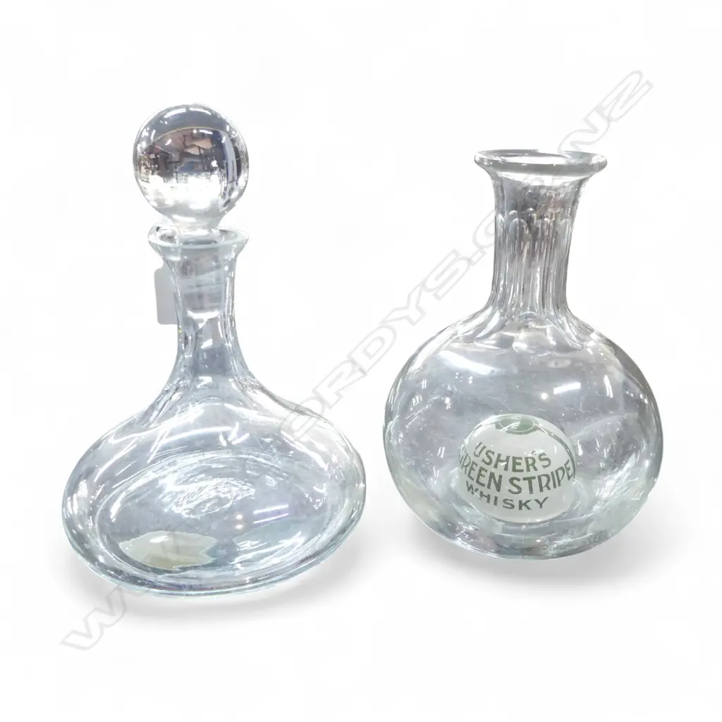 2 DECANTERS, USHERS GREEN STRIPE WHISKY w. NO STOPPER H.220mm Image 1++