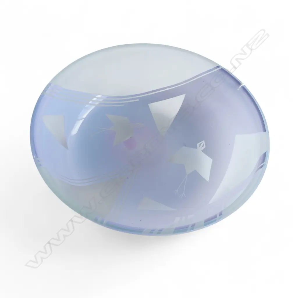 **RTV** HOGLUND 1980's ART GLASS BOWL pale blue geometric bird engraved. Labelled. Dia.285mm Image 1++