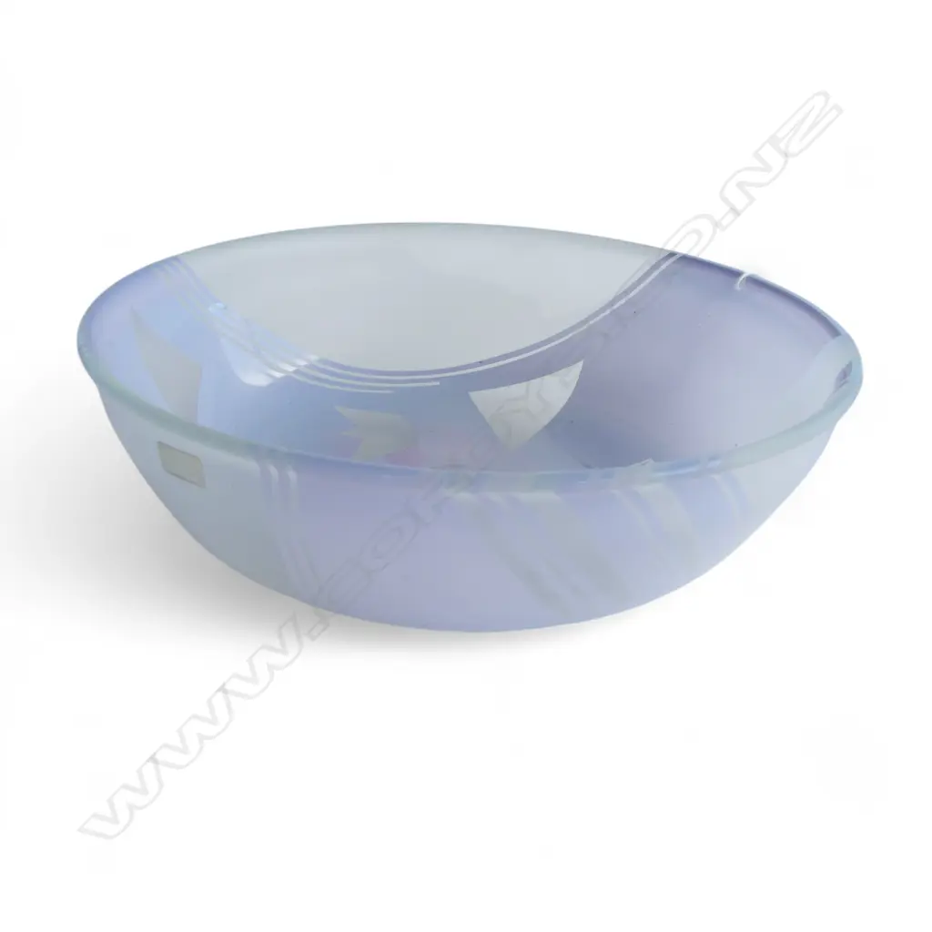 **RTV** HOGLUND 1980's ART GLASS BOWL pale blue geometric bird engraved. Labelled. Dia.285mm Image 1++