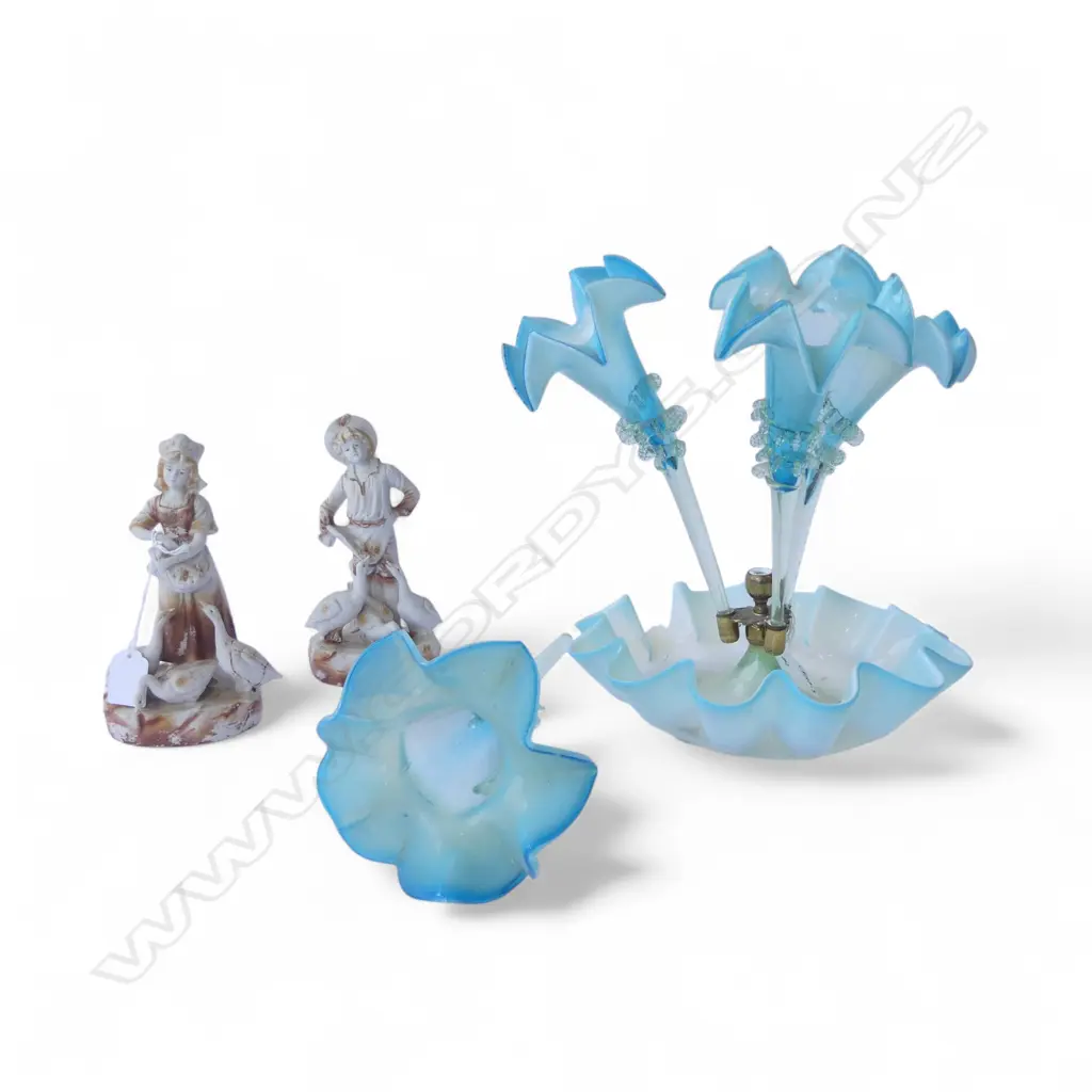OLD GLASS EPERGNE (FAULTS) + 2 CHINA FIGURES  Image 1++