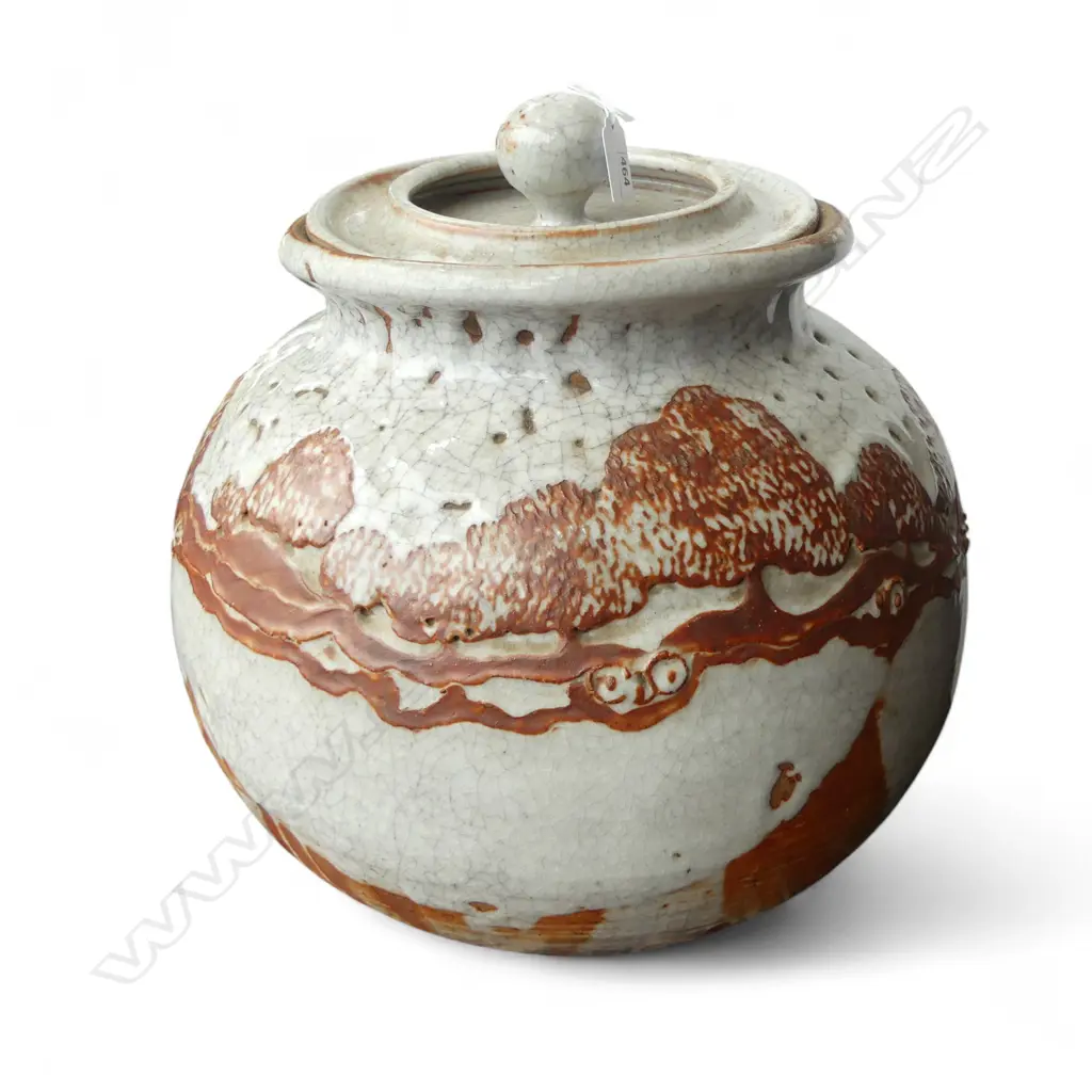 LGE ART POTTERY SHINO GLAZE LIDDED POT H.400mm. Sculpted landscape shoulder with trees. Image 1++